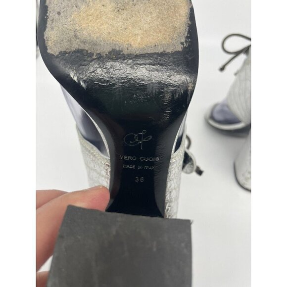 Proenza Schouler Sandals Silver Metallic Woven Leather Size 36 Open Toe Heels - Picture 6 of 6